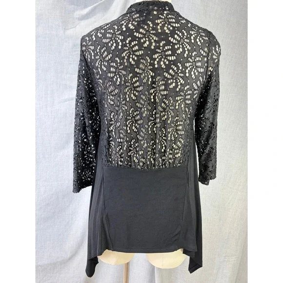 Travelers Collection by Chico's Black Lace Open Cardigan Dramatic Layering S/M - Picture 2 of 7